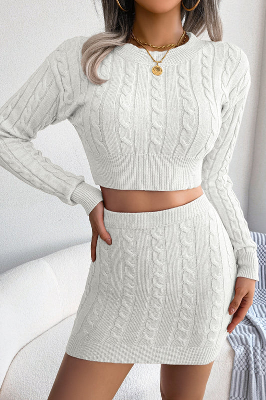 Cable-Knit Cropped Sweater and Knit Skirt Set