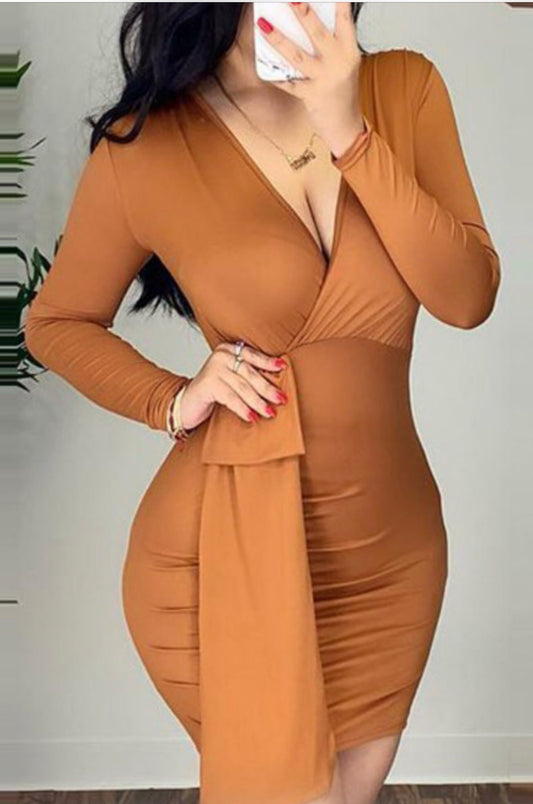 Long Sleeve Ruched Bodycon Dress Brown